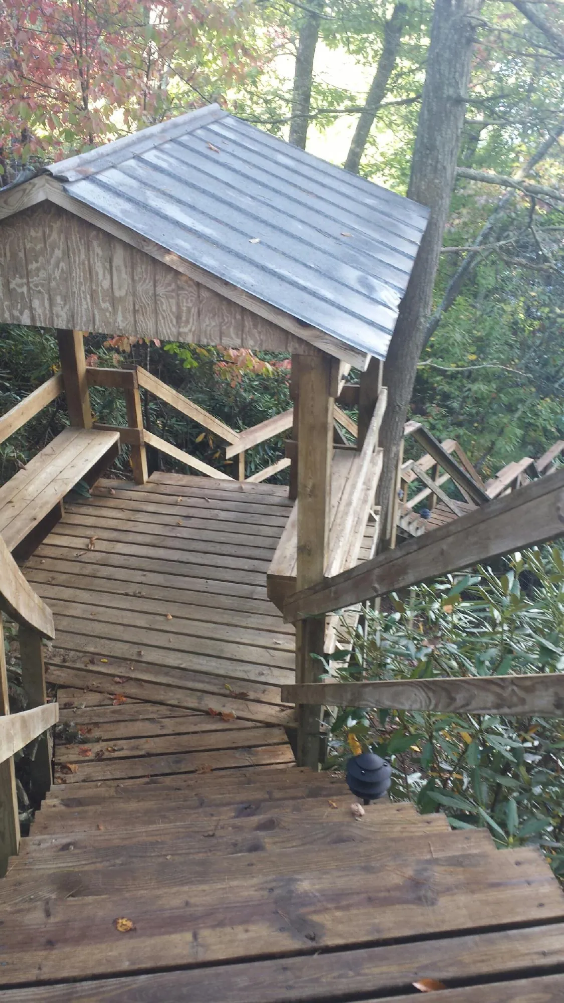 Metal roofed shelter over wooden steps on a wooded walkway — Skylight Repair & Installation work by our crew in Alliance
